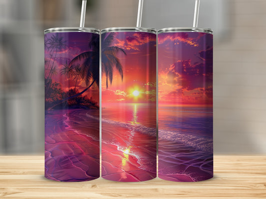 Three tumblers showing a vibrant sunset over a tropical beach and ocean.