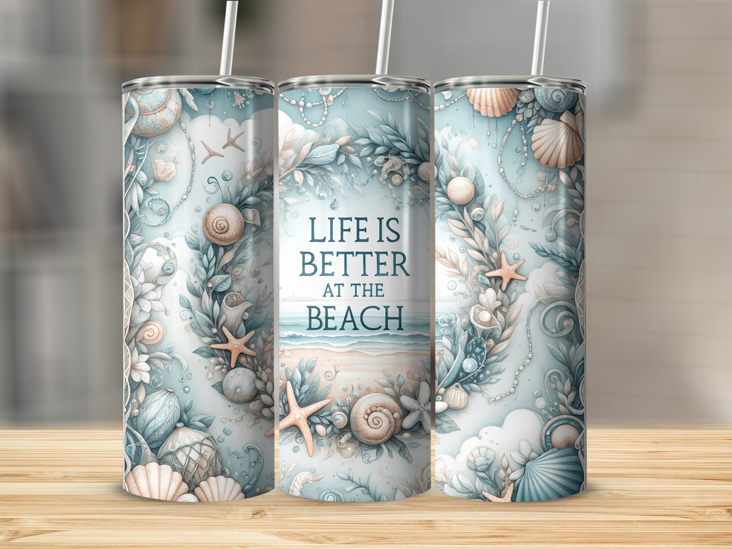 Beach-themed tumbler with seashells, starfish, and "Life is Better at the Beach" text.