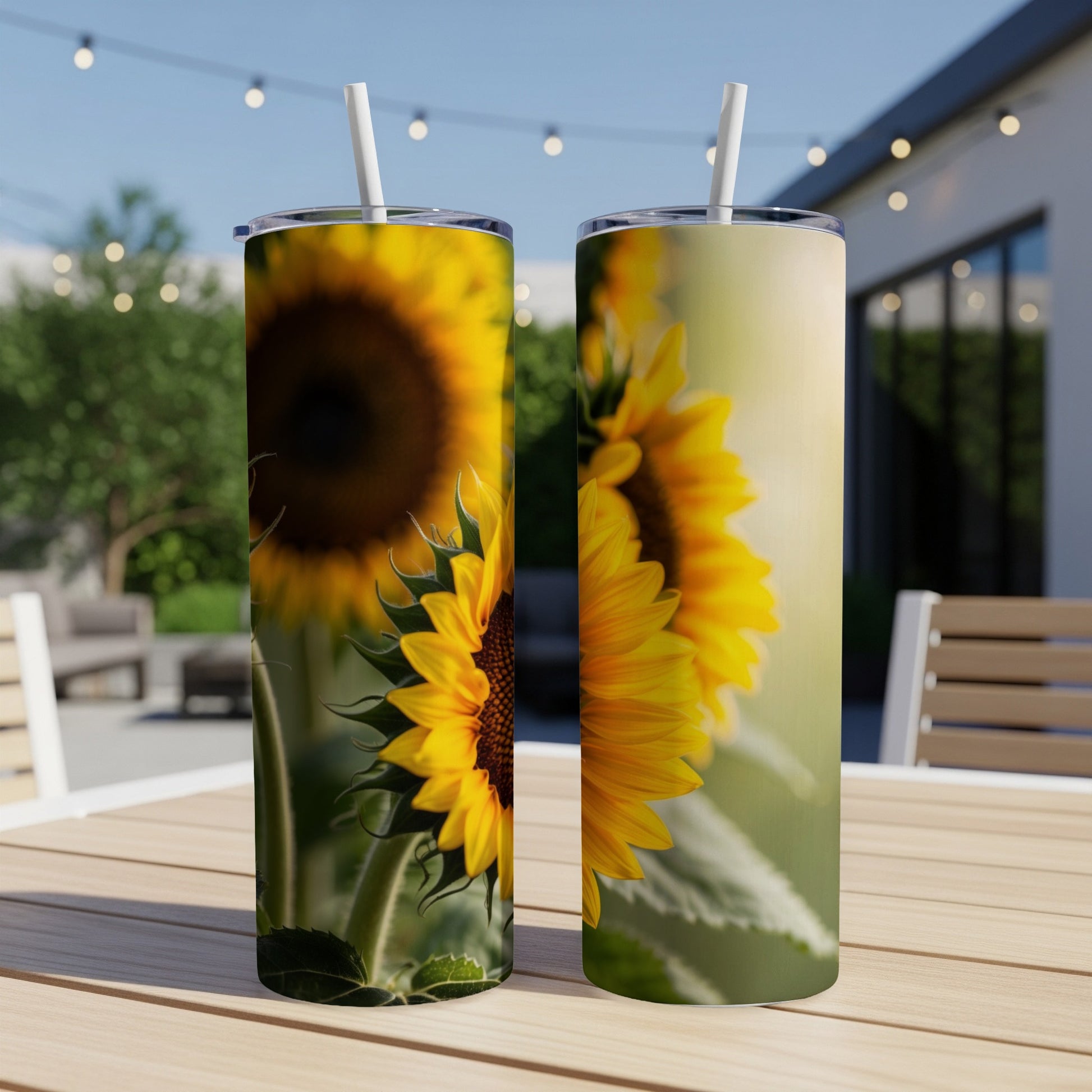 Two tumblers featuring sunflowers sit on a table outdoors.