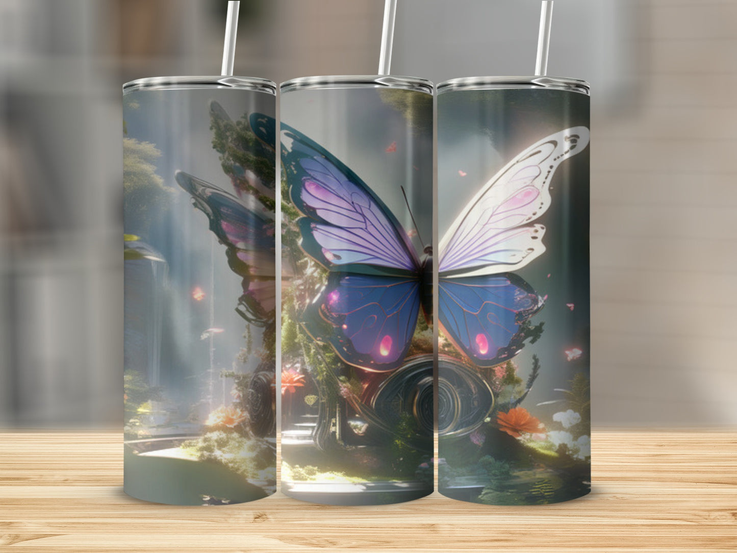 Three tumblers with a detailed butterfly and glowing floral design.