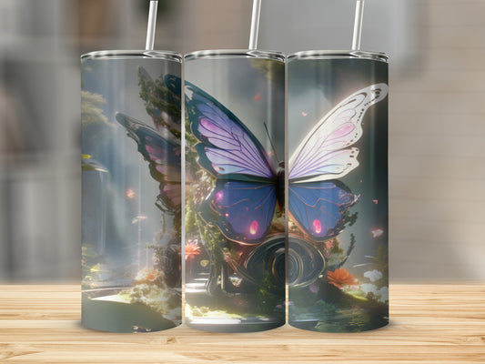 Three tumblers with a detailed butterfly and glowing floral design.