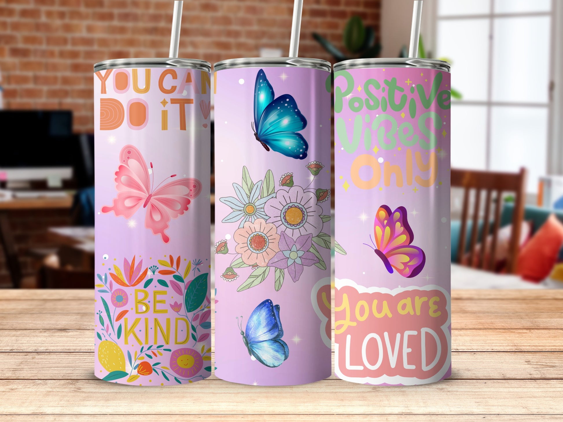Colorful Positive Vibes Butterfly Themed Tumblers