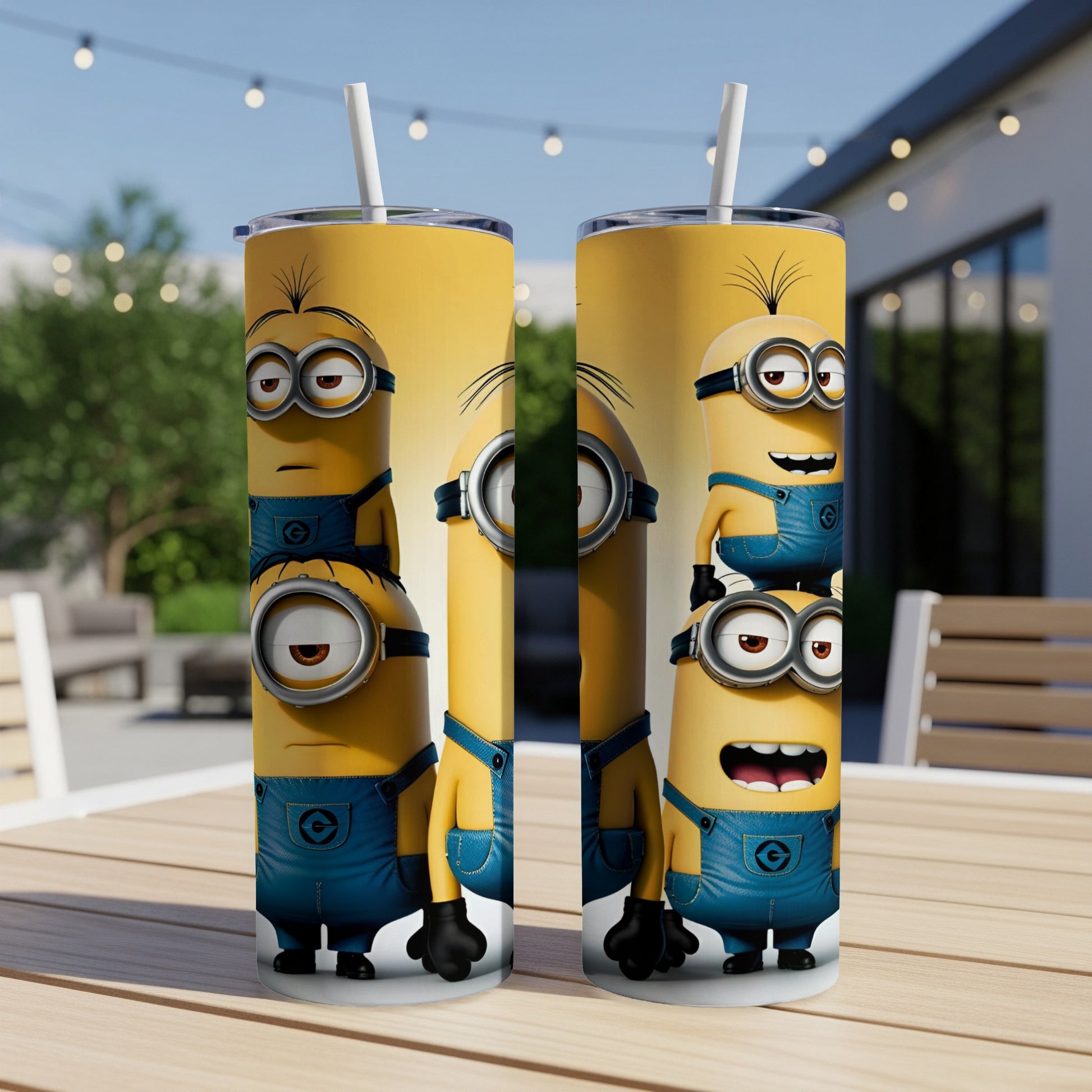 Two yellow Minion characters in blue overalls on a tall tumbler.