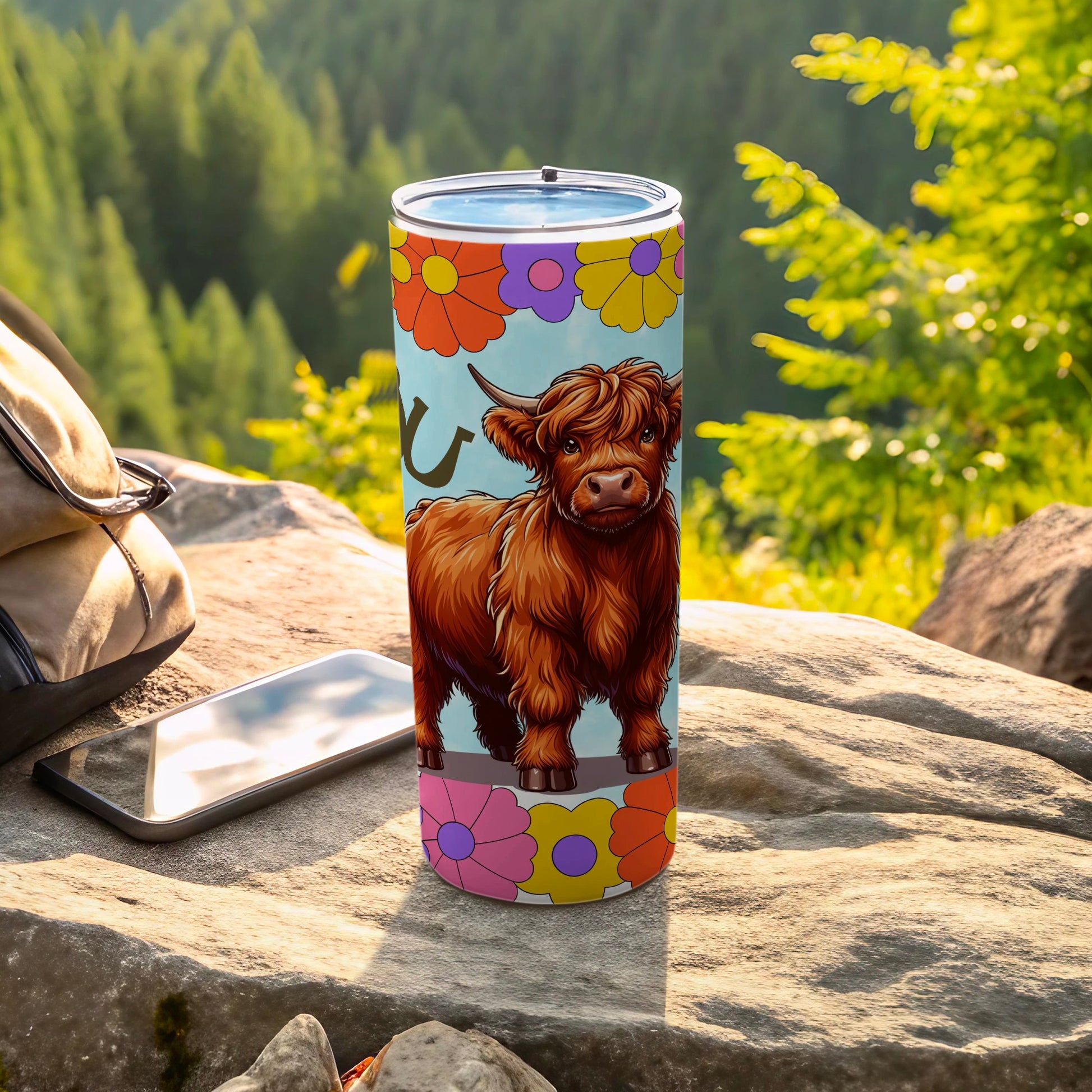 Highland Cow Illustrated Tumbler with Floral Accents