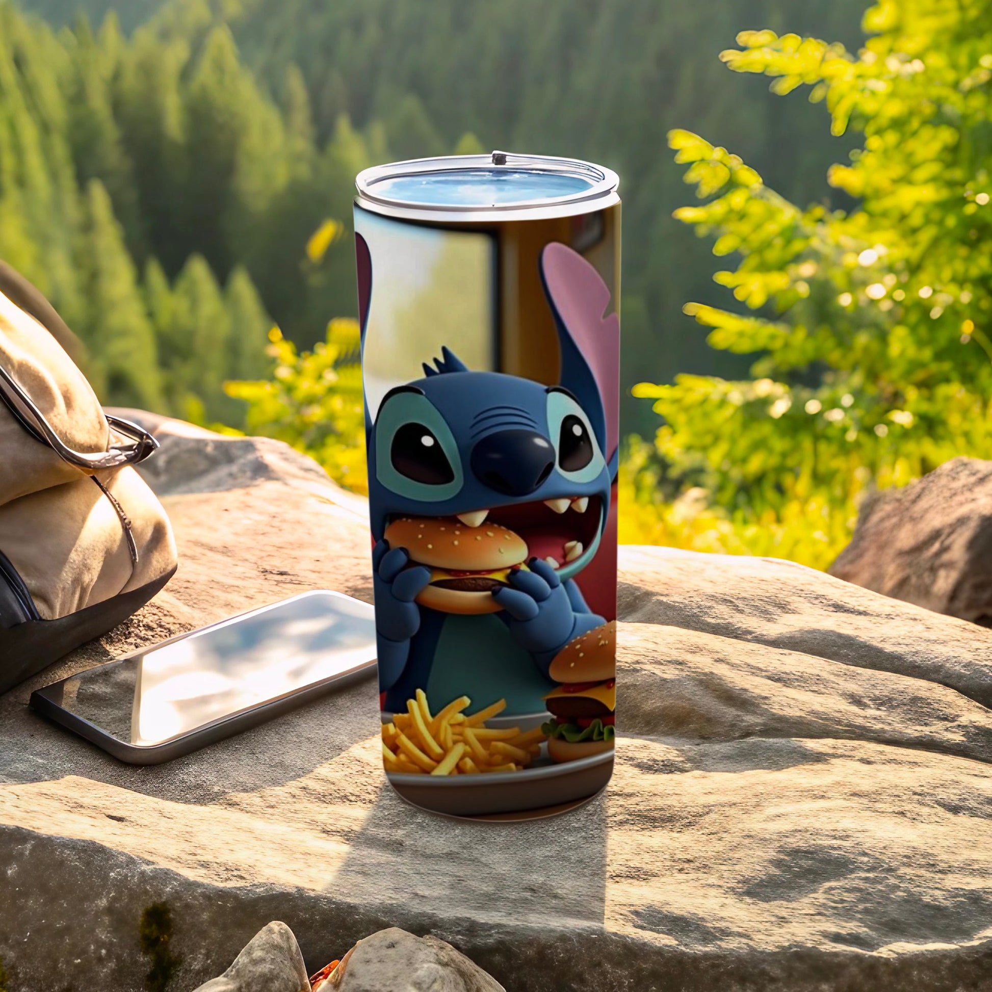 Cute Cartoon Character Eating a Burger Travel Mug