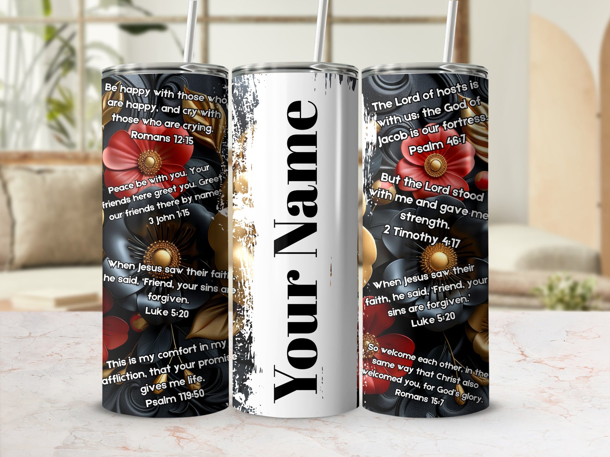 Inspirational Bible Verses Black Floral Tumbler