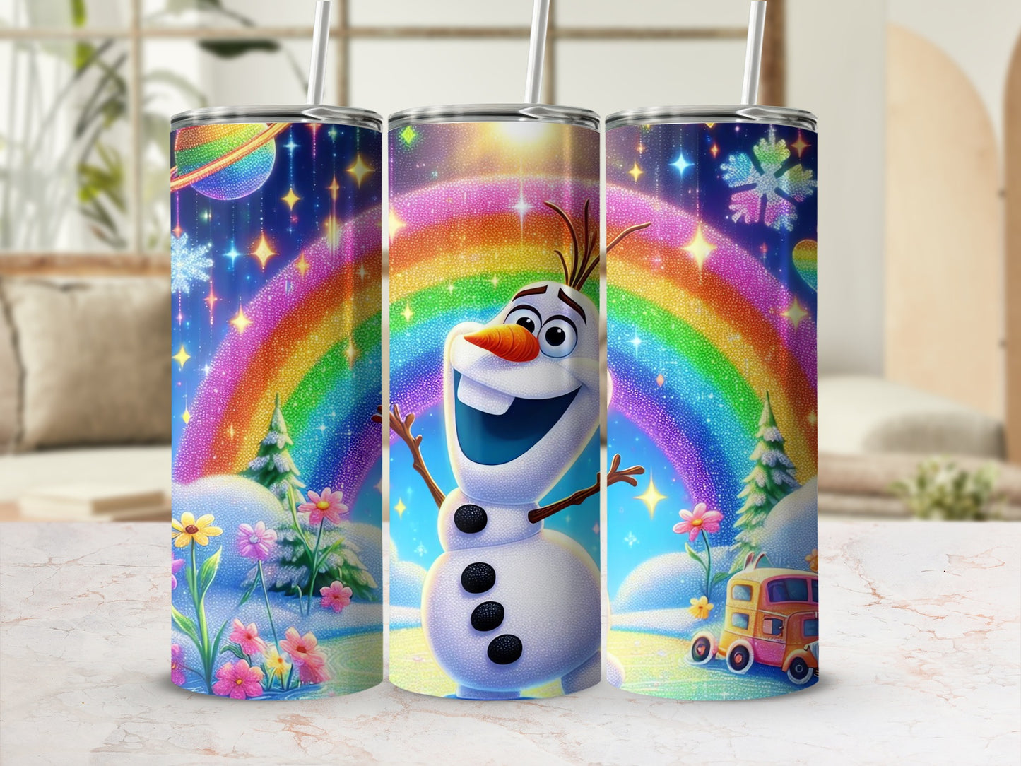 Cheerful Rainbow Snowman and Flowers Tumbler Flask
