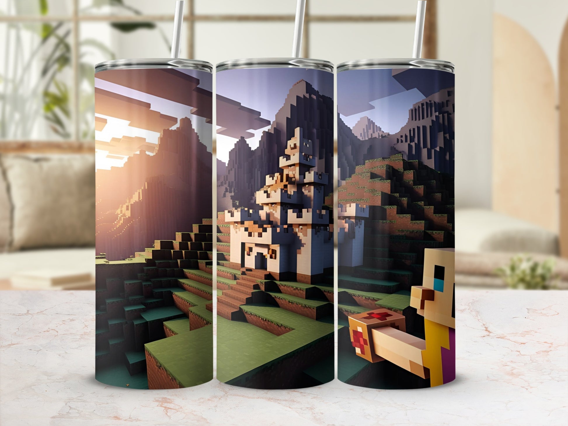 Minecraft castle and character graphic on a white tumbler with straw.