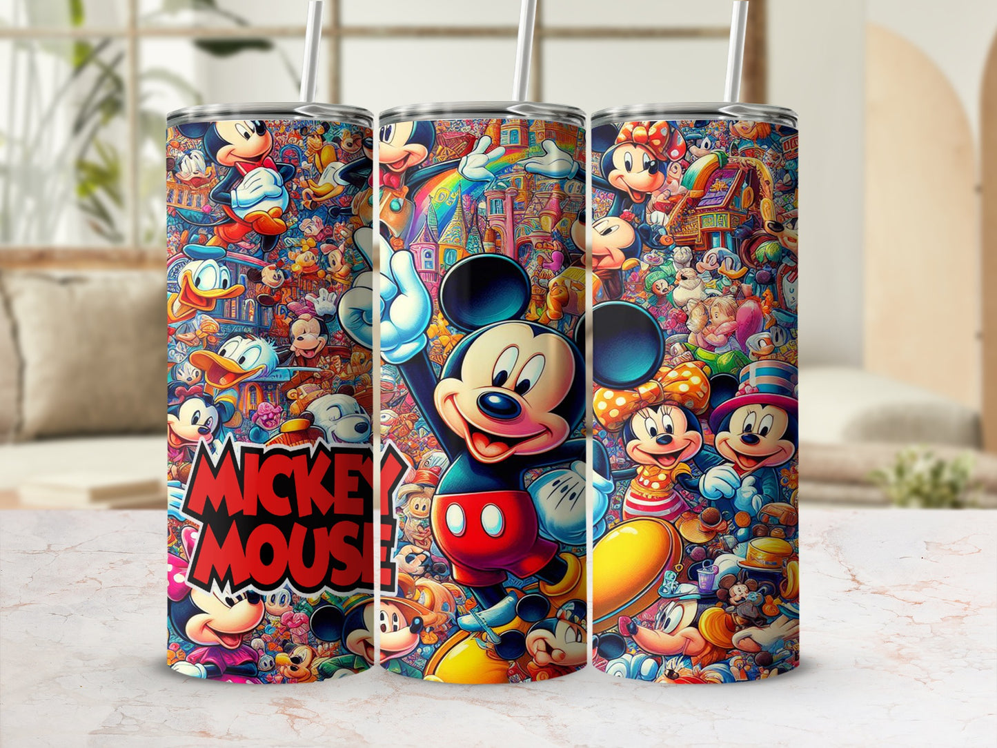 Mickey Mouse and friends cartoon collage on three tumblers.