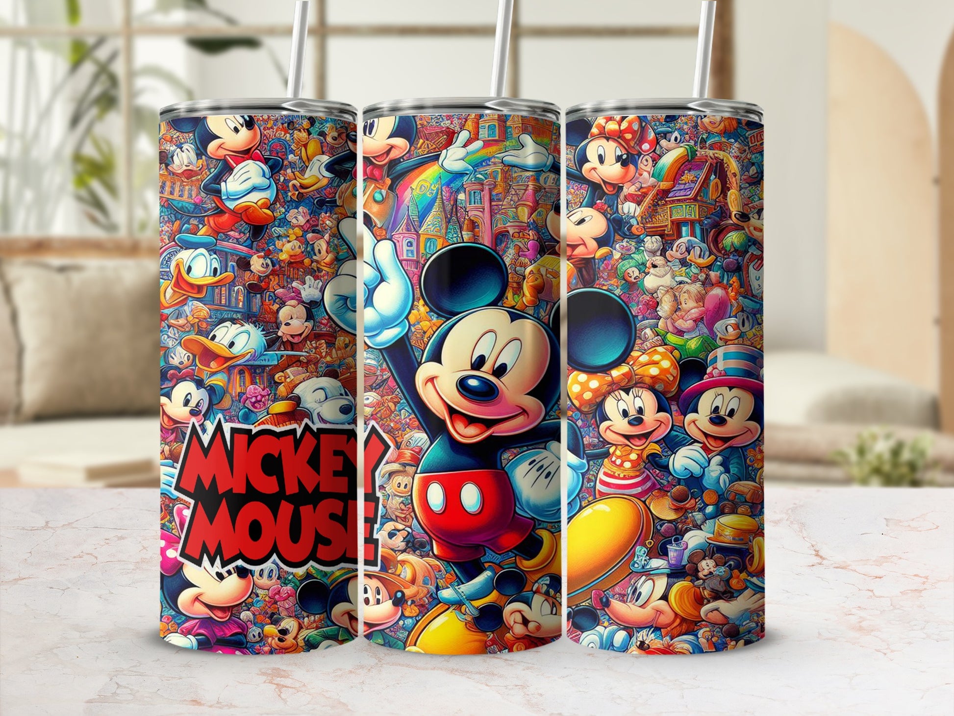 Mickey Mouse and friends cartoon collage on three tumblers.