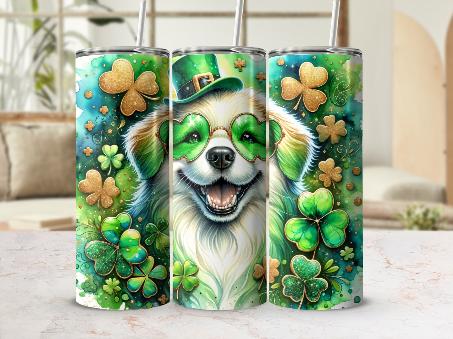 Dog wearing shamrock glasses and hat, with clover accents.