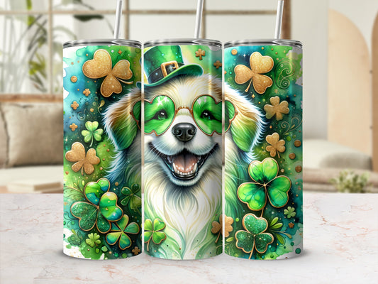 Dog wearing shamrock glasses and hat, with clover accents.