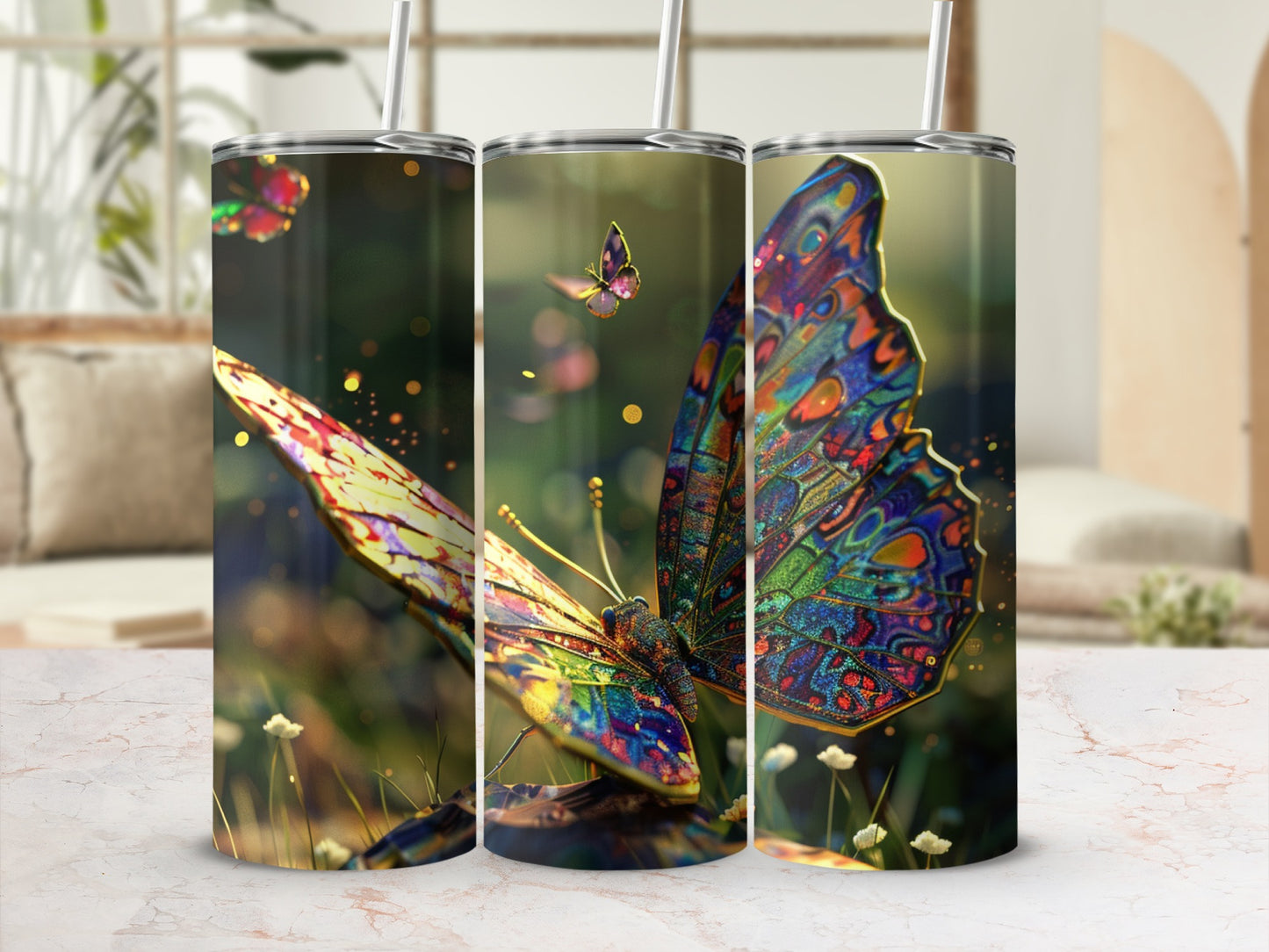 Tumbler with vibrant, detailed butterfly art and small white flowers.