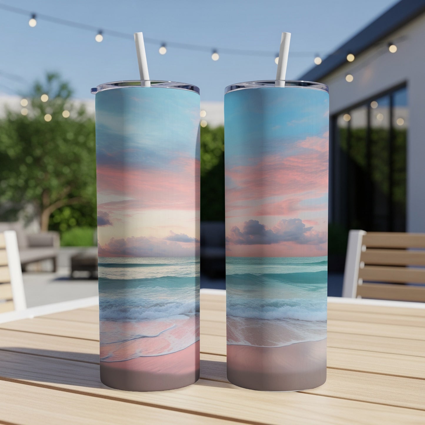 Two tumblers featuring a beach sunset scene with pink clouds and ocean waves.