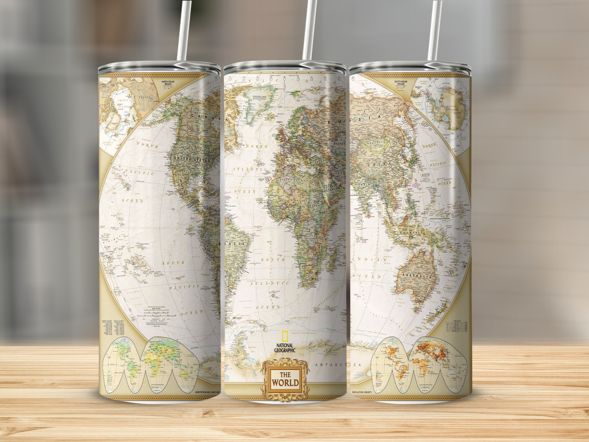 Three tumblers feature a National Geographic "The World" map with detailed countries and oceans.