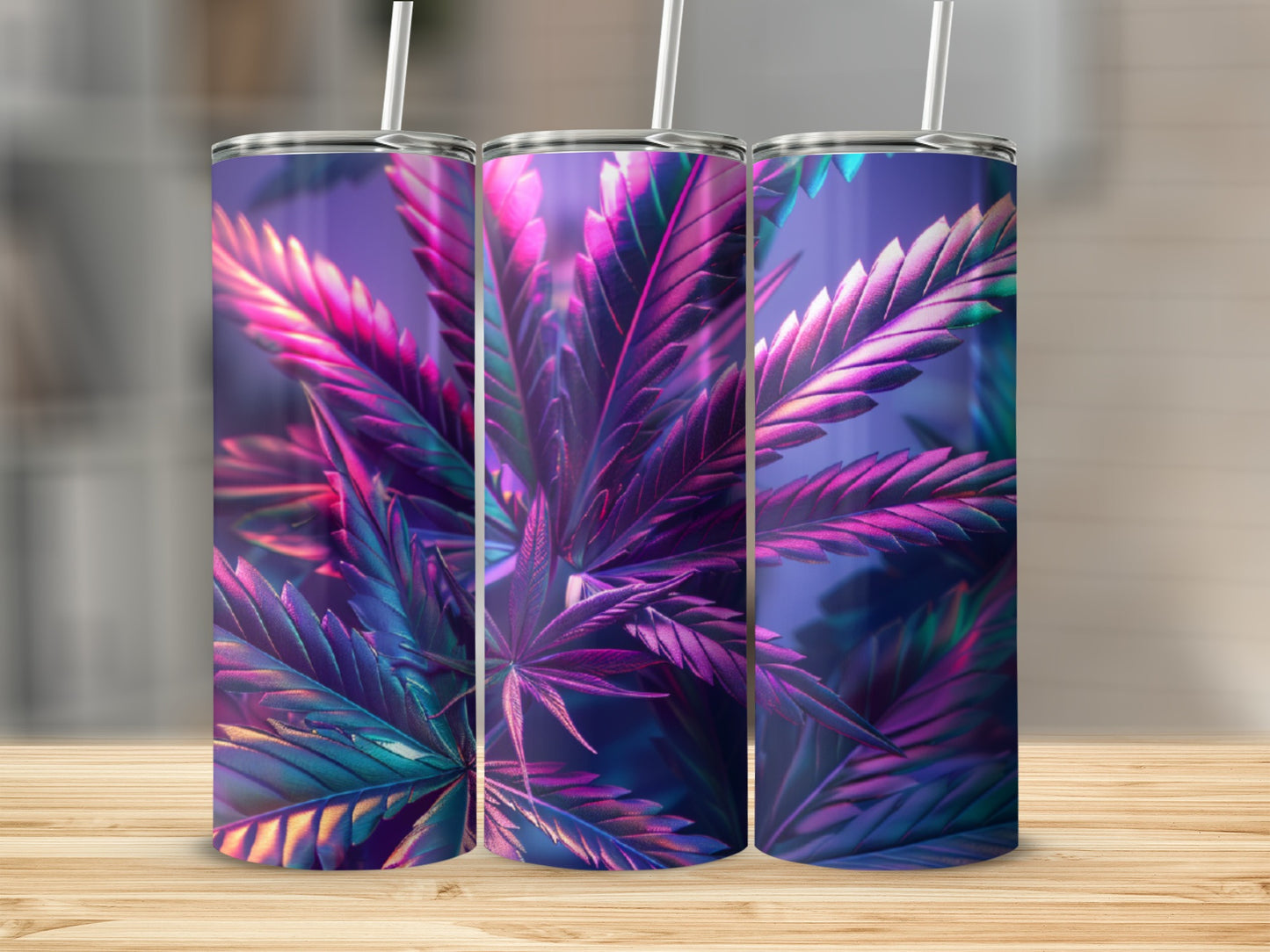 Three tumblers with purple and pink cannabis leaf pattern.