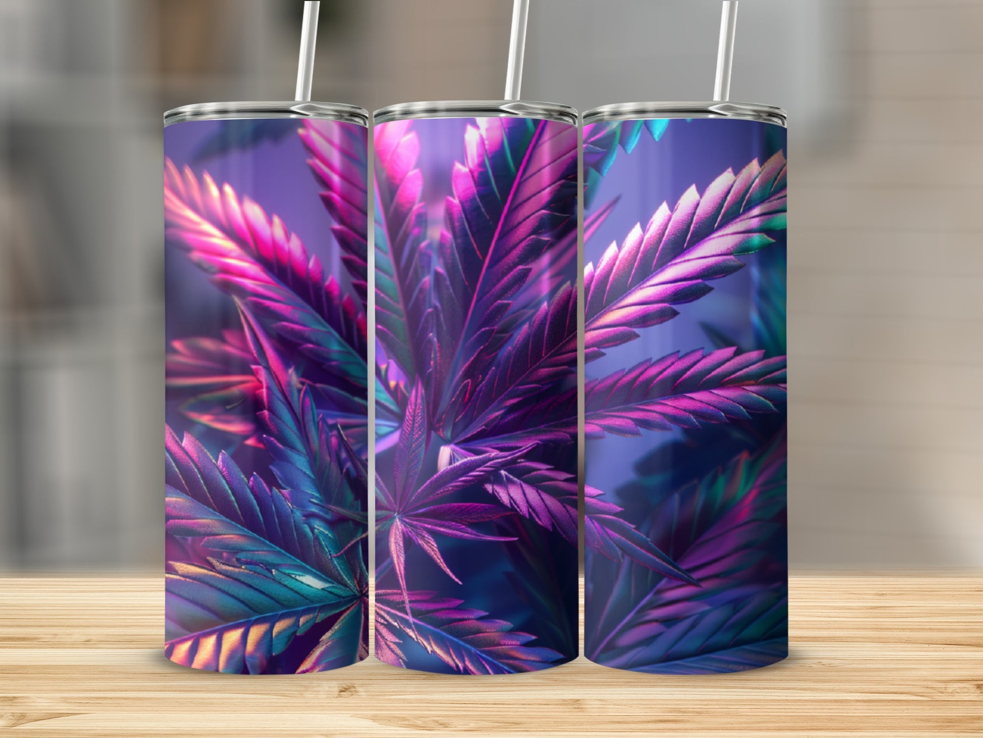 Three tumblers with purple and pink cannabis leaf pattern.