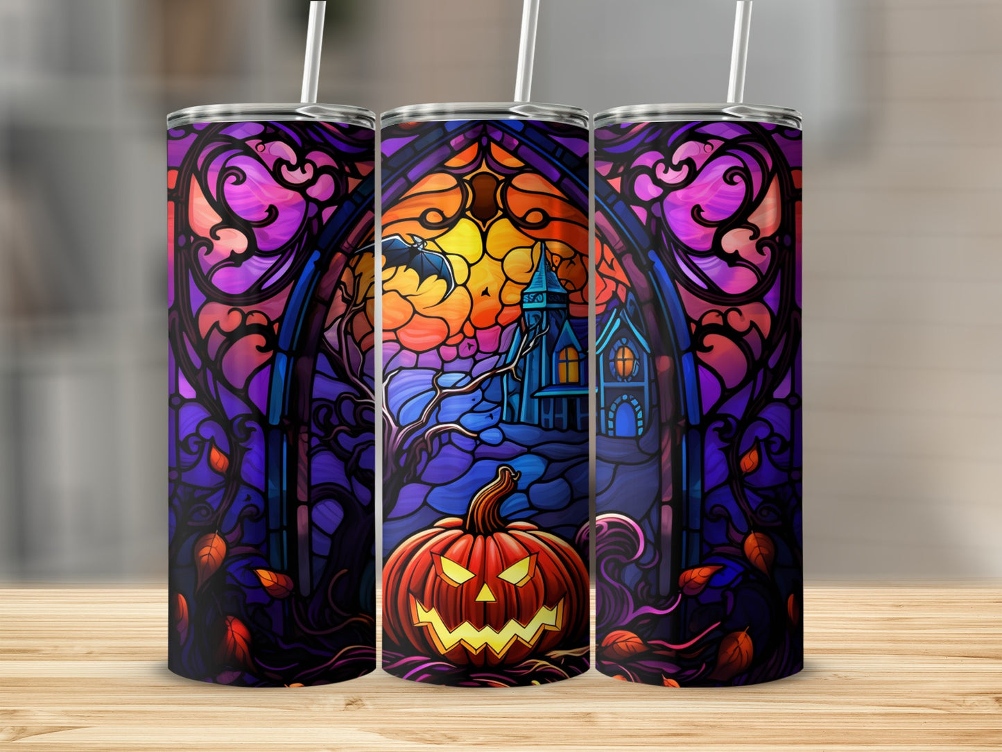 Stained glass tumbler design with Halloween theme: pumpkin, haunted house, bat, and moon.