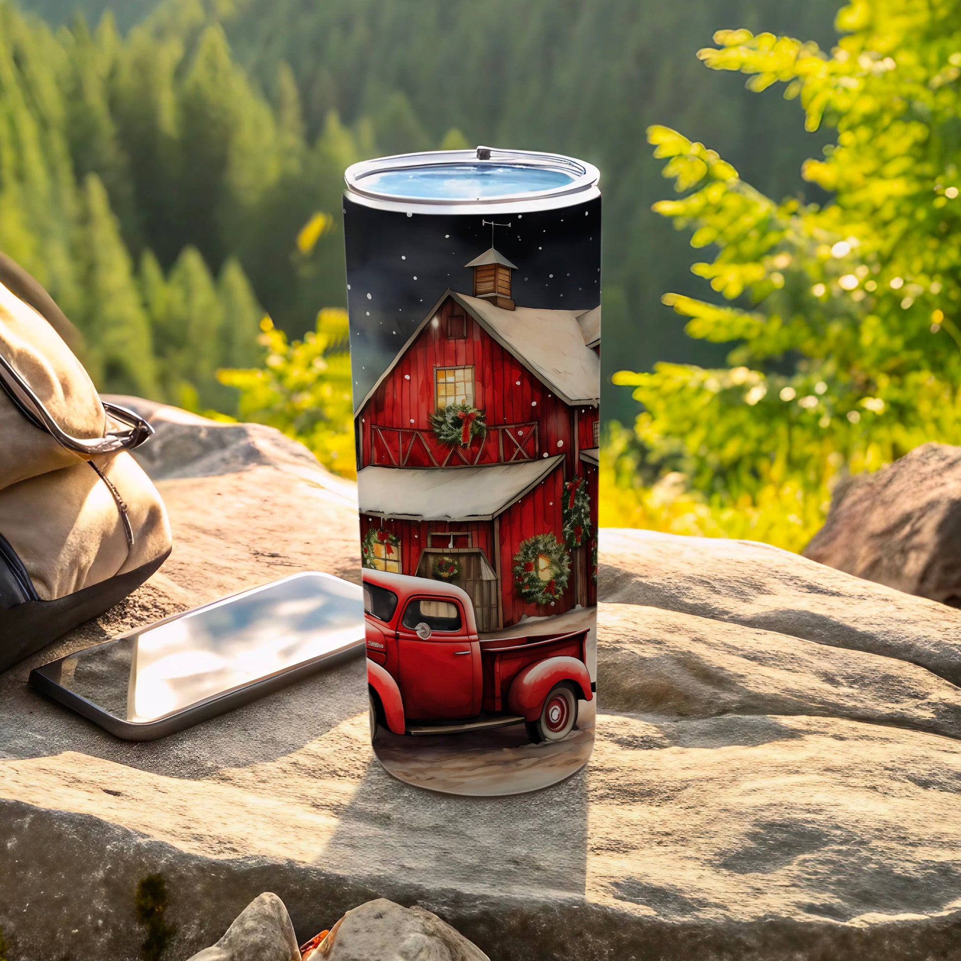 Christmas Red Truck and Cabin Design Tumbler