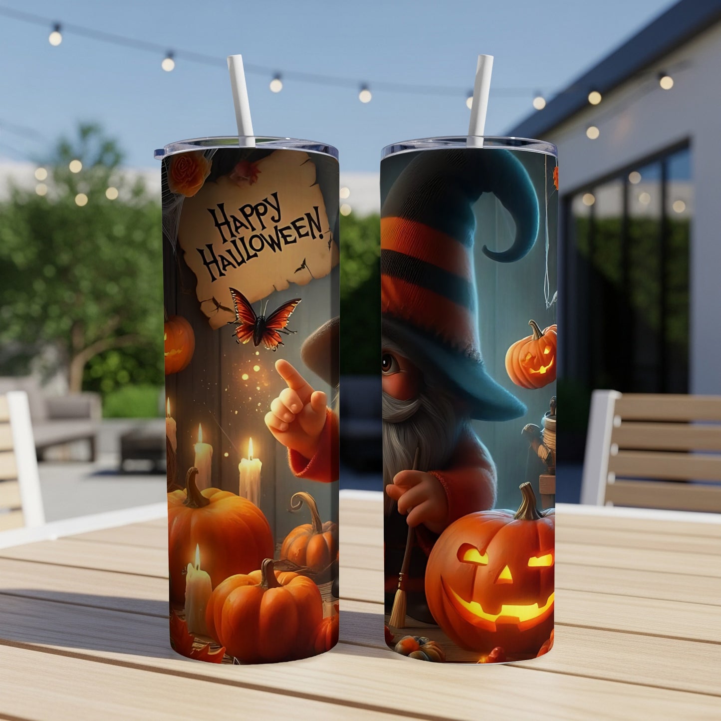 Two tumblers feature Halloween gnome designs with pumpkins, candles, and a butterfly.