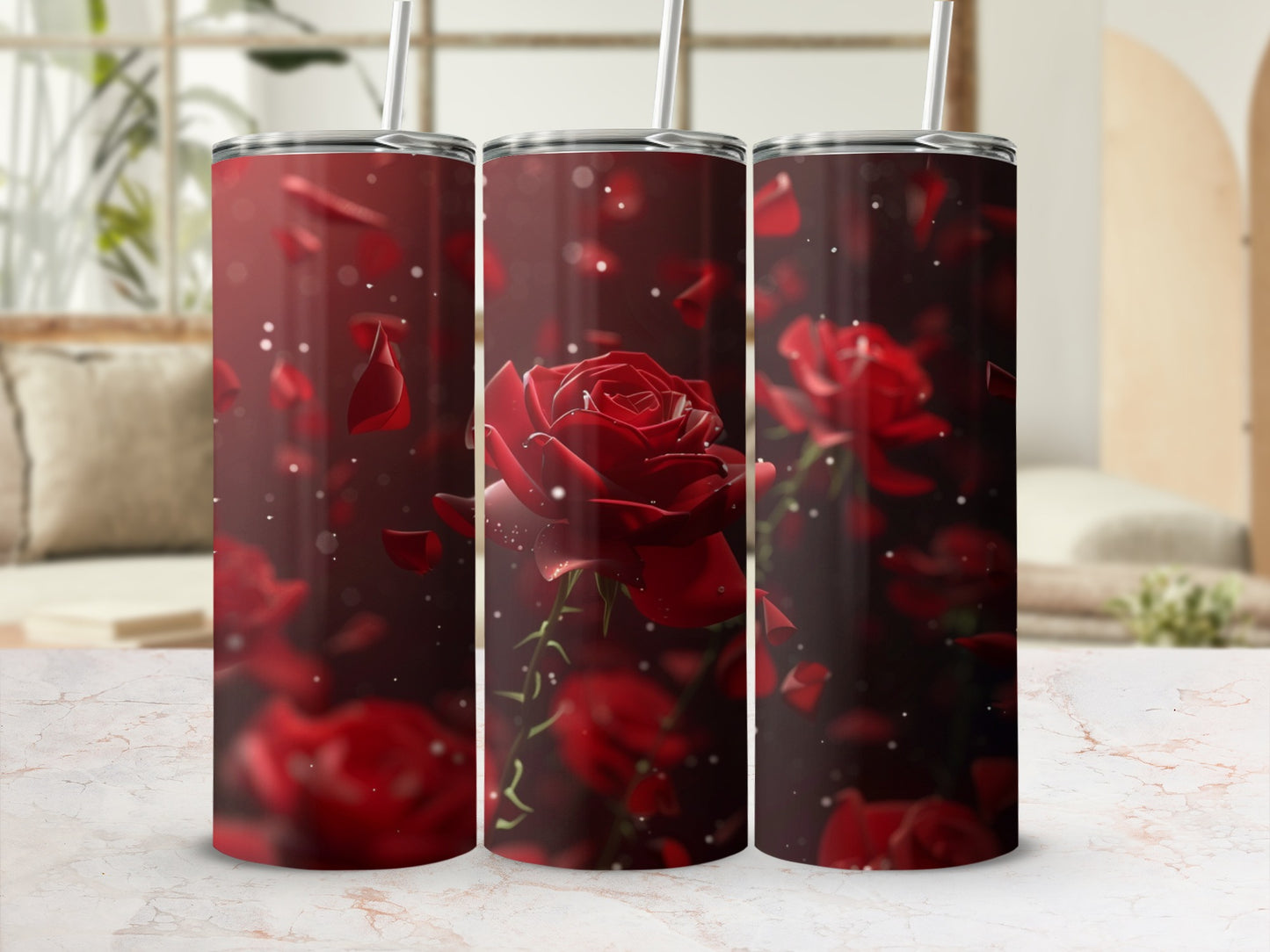 Red roses and petals on a dark background, featured on three tumblers.