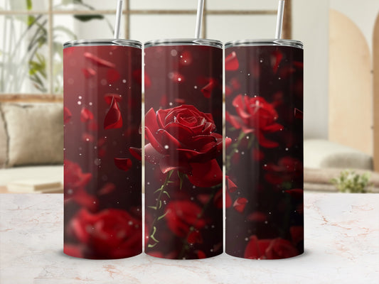 Red roses and petals on a dark background, featured on three tumblers.