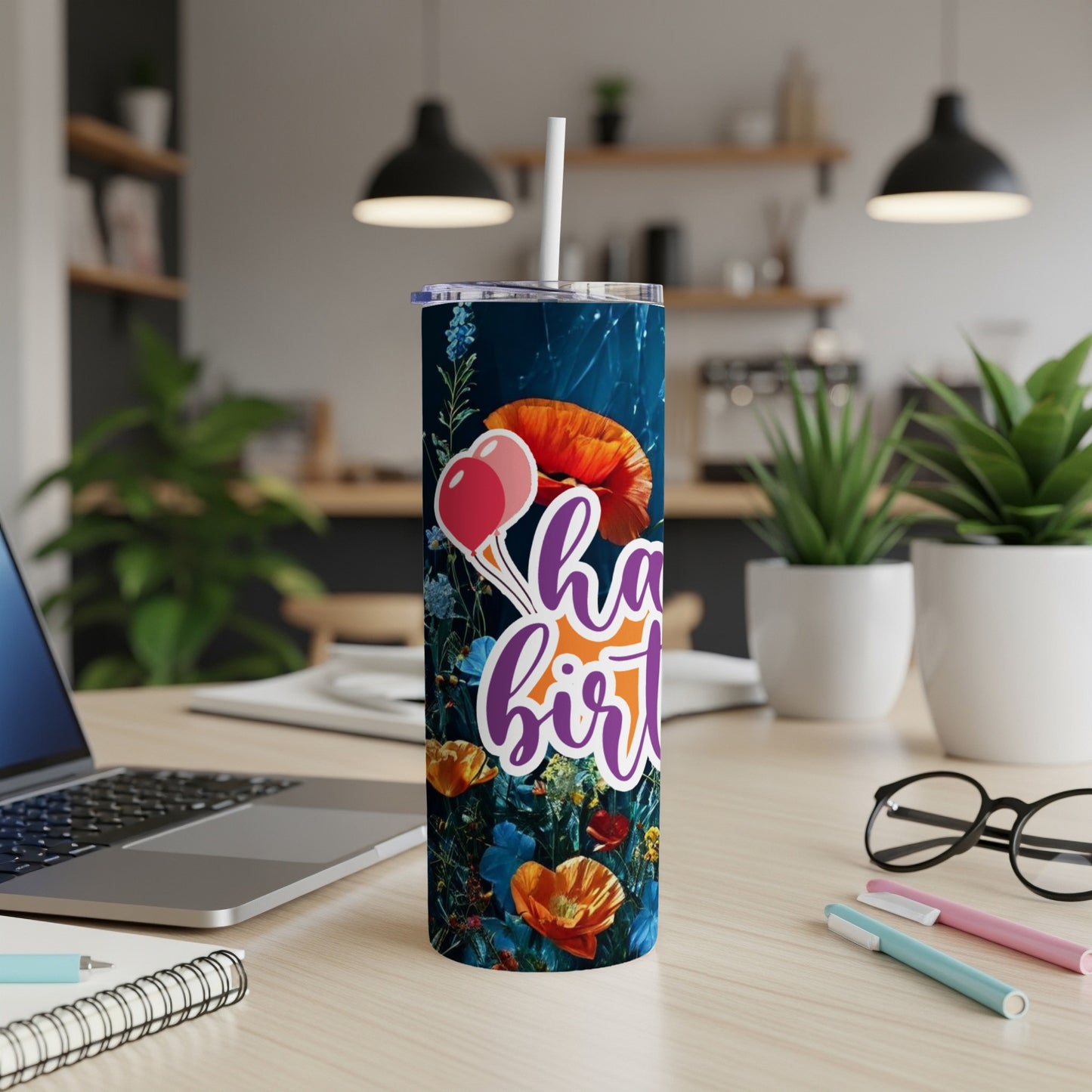 Tall tumbler with "happy birthday" text and floral poppies design.