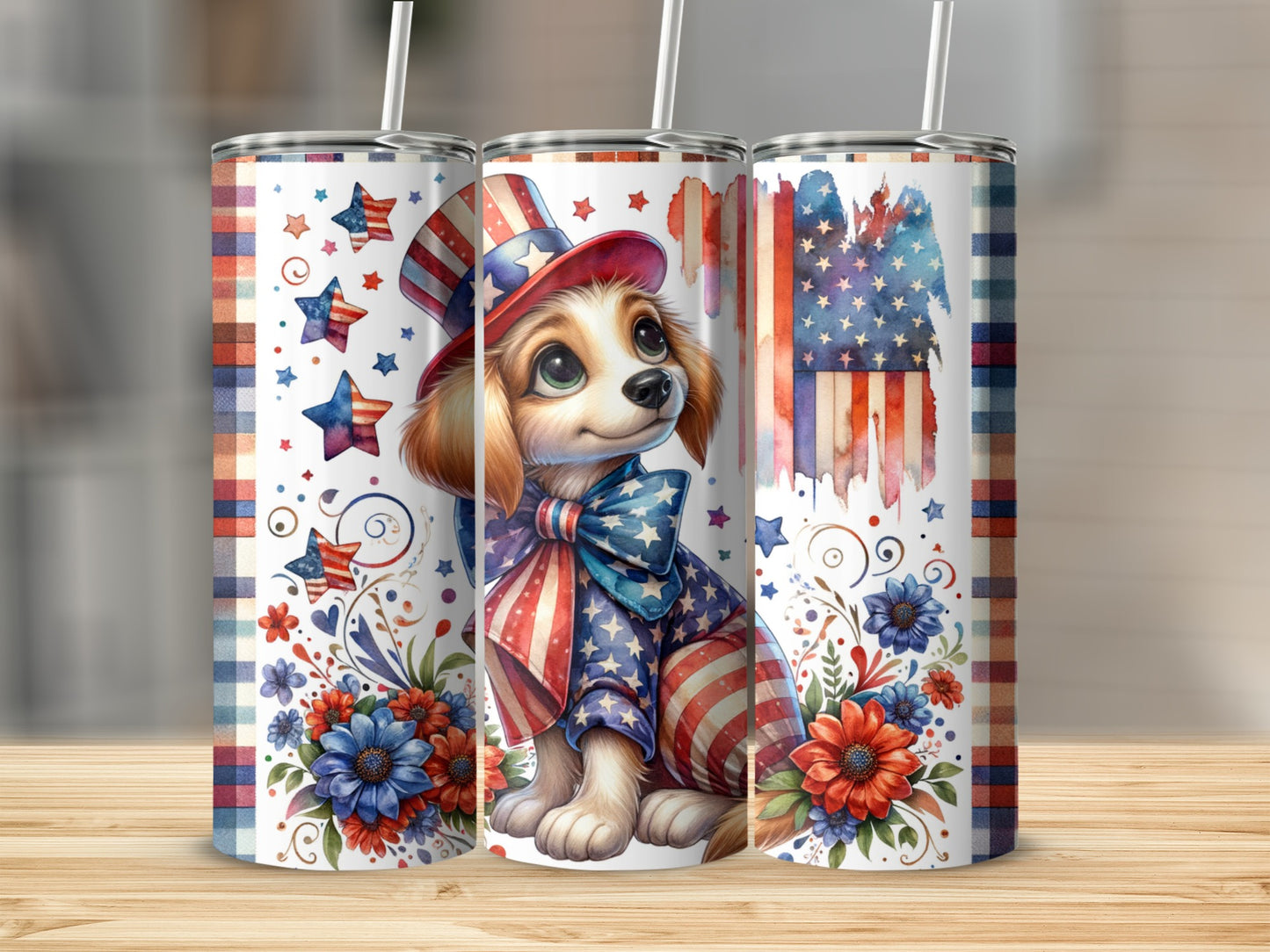 Dog in patriotic hat and suit with American flag, flowers.