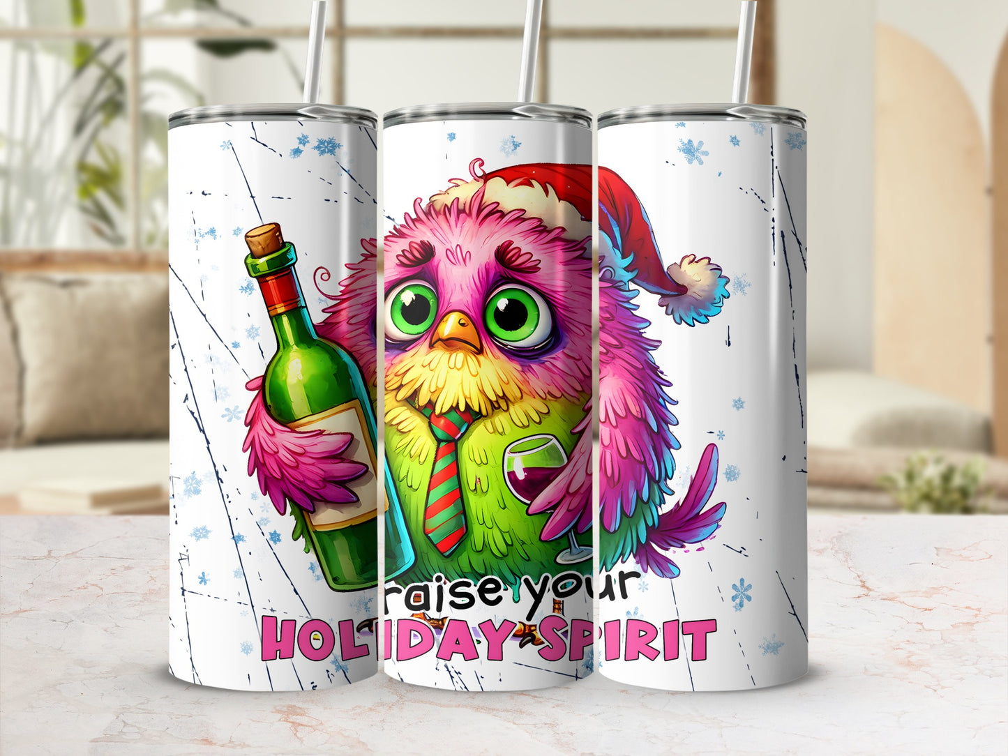 Pink owl in Santa hat holding wine bottle and glass, "RAISE YOUR HOLIDAY SPIRIT".