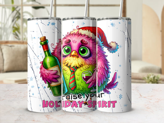 Pink owl in Santa hat holding wine bottle and glass, "RAISE YOUR HOLIDAY SPIRIT".