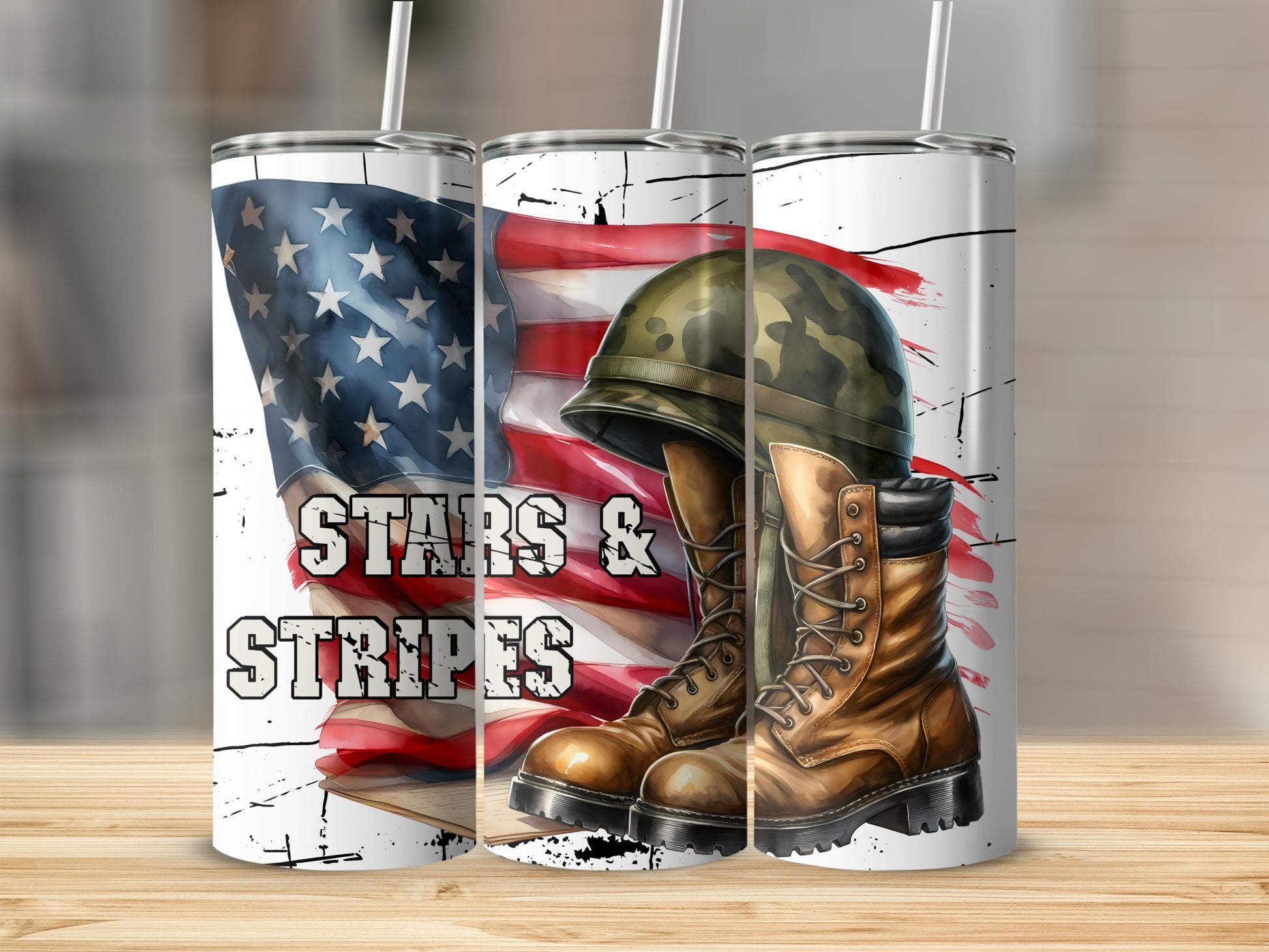 Military boots and helmet on an American flag background with "Stars & Stripes" text.
