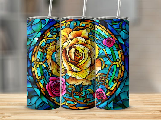 Three stained glass tumblers with a golden rose and floral accents.