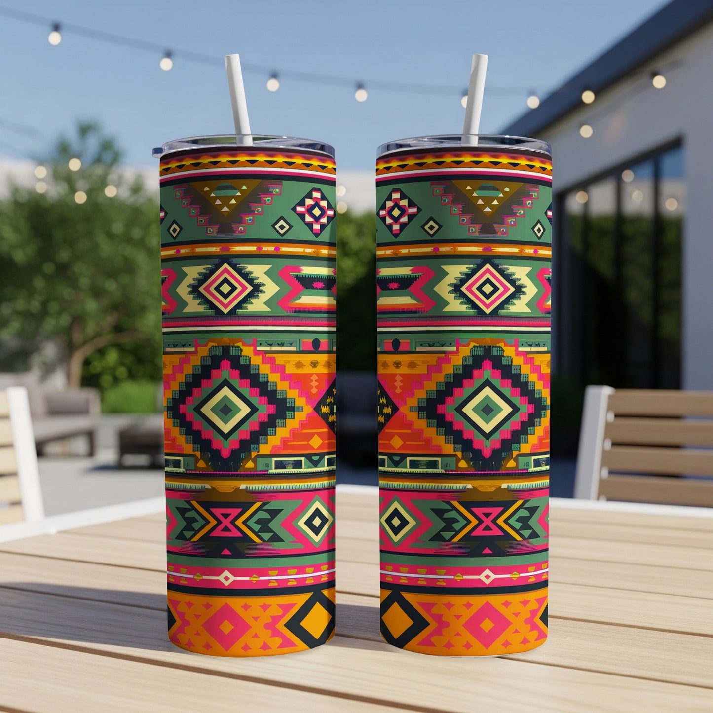 Two tumblers with a colorful geometric tribal pattern on a wooden table.