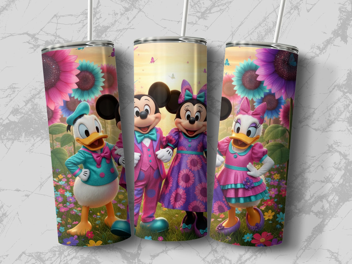 Colorful Character Tumbler with Floral Background Design