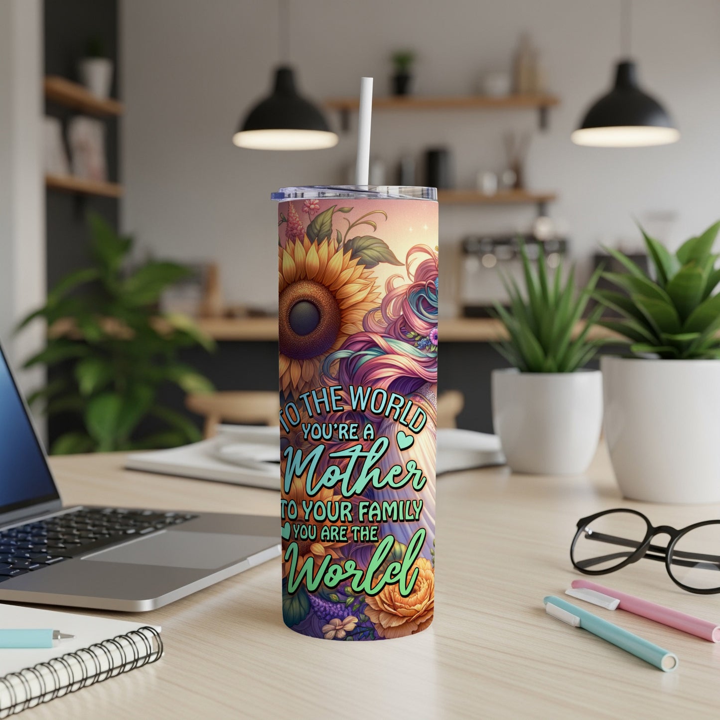 Sunflower and floral pattern tumbler with "To the world you are a mother" quote.