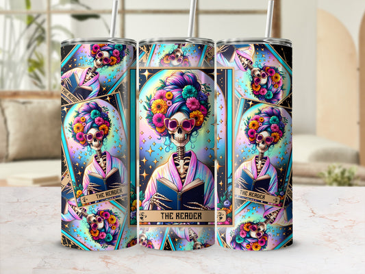 Skeleton reader in colorful floral robe and sunglasses, holding a book.