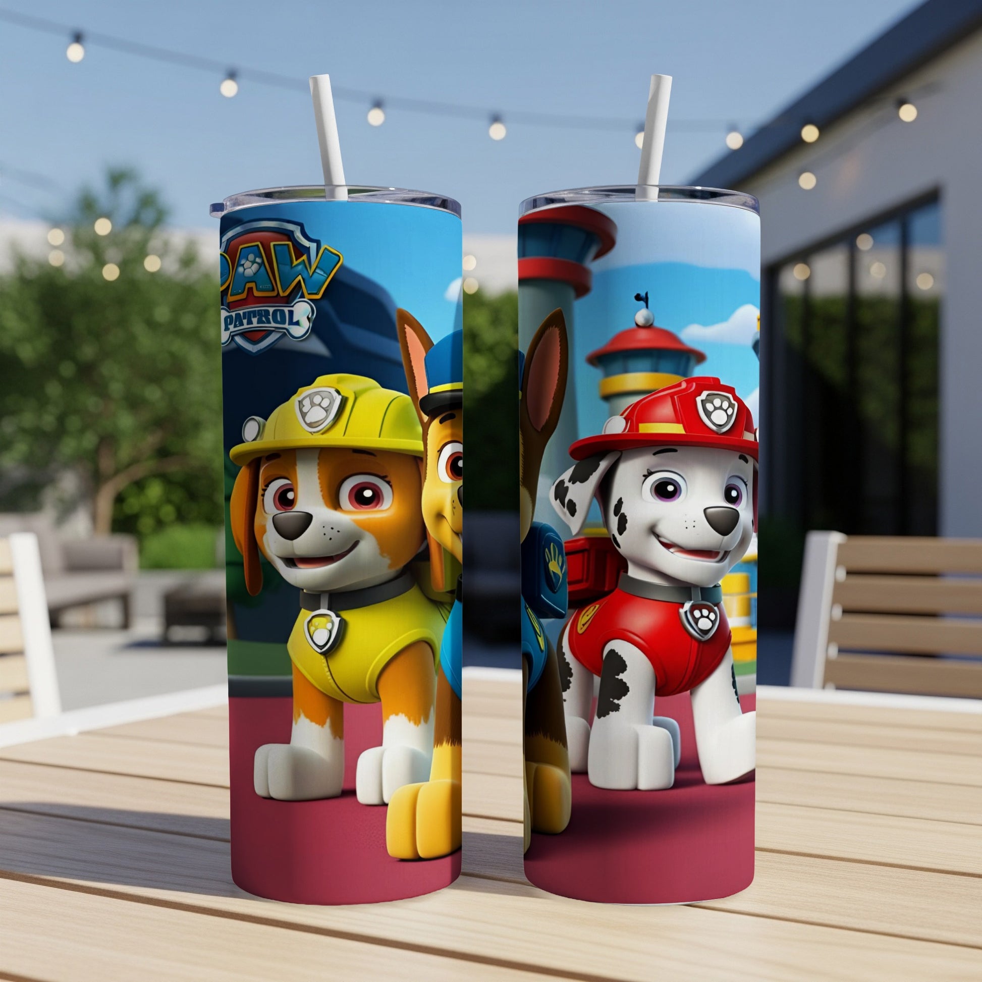 Paw Patrol characters Rubble and Marshall on a blue and white tumbler.