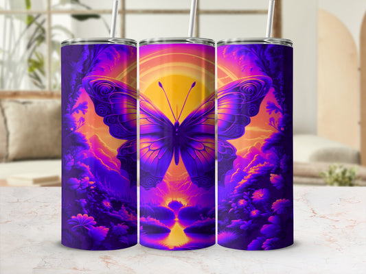 Purple butterfly on colorful sunset background, reflected in water.
