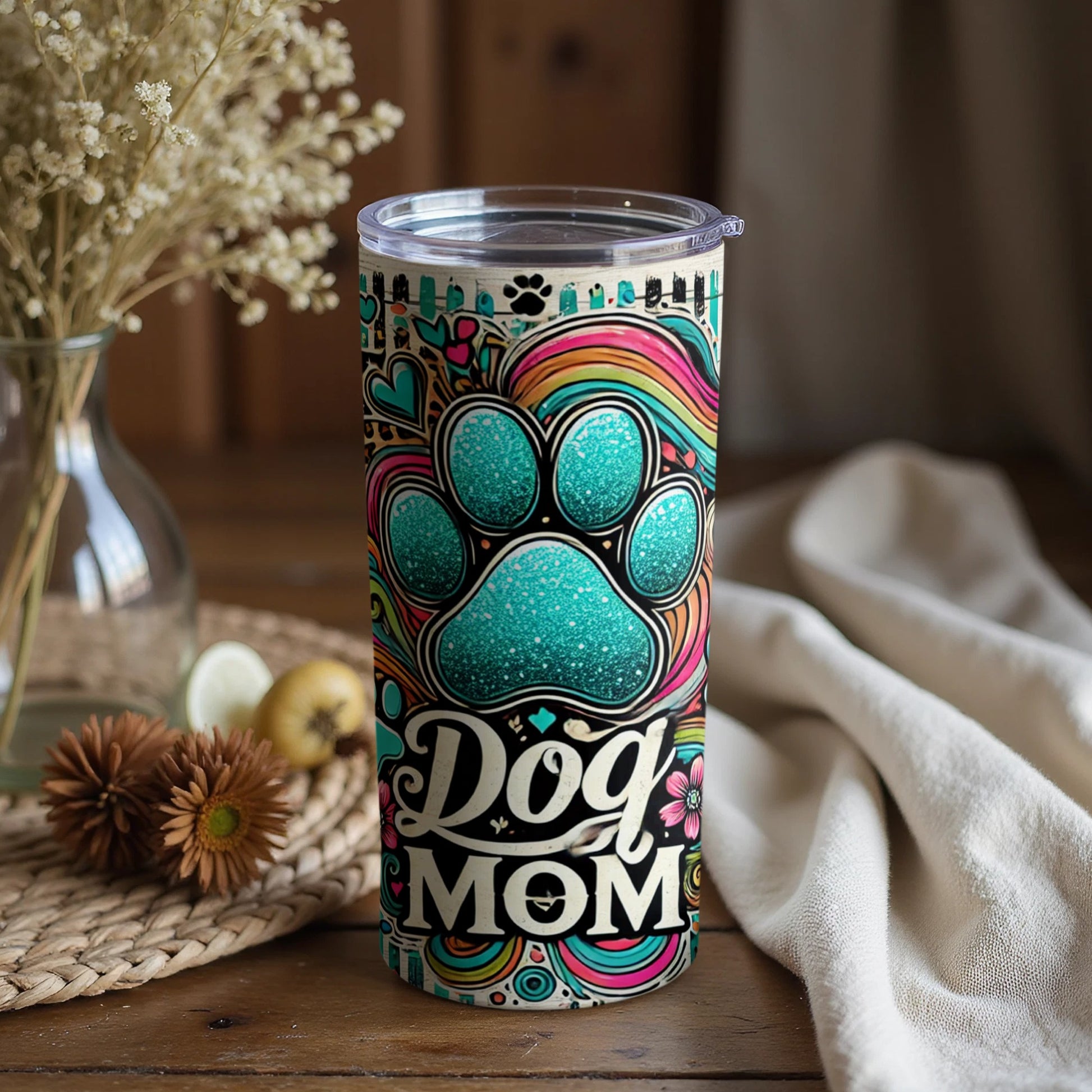 Colorful Dog Mom Tumbler with Paw Print Design Cup