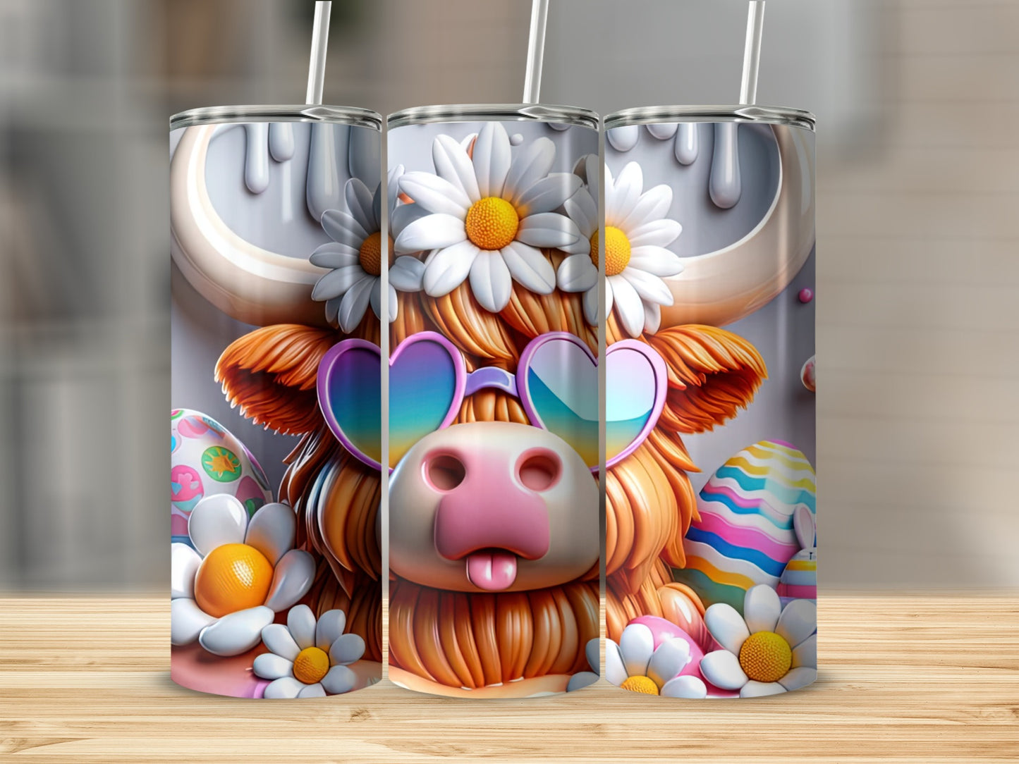 Three tumblers with a cow wearing heart sunglasses and Easter eggs.