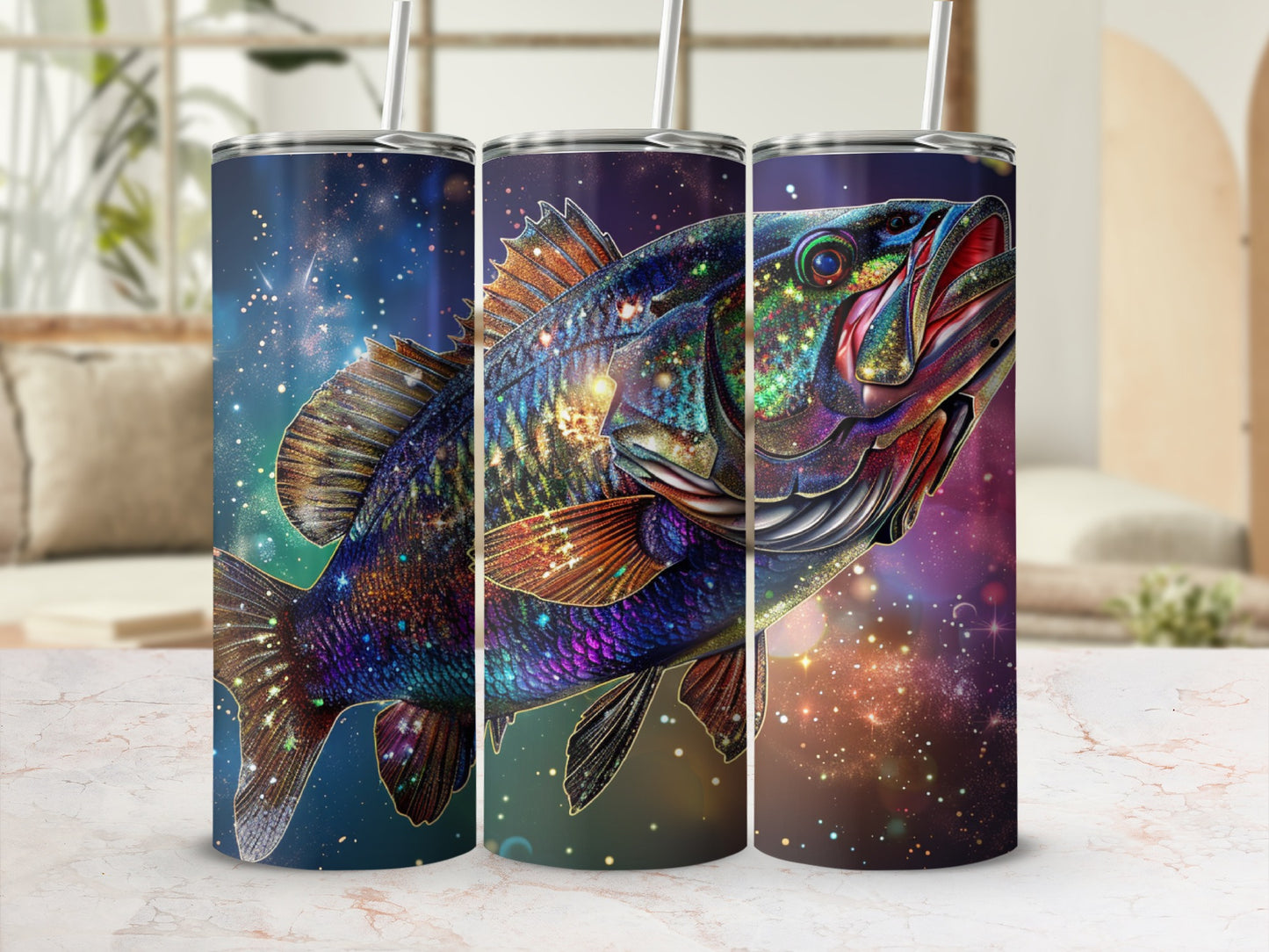 Cosmic bass fish design on three tall, skinny tumblers with straws.