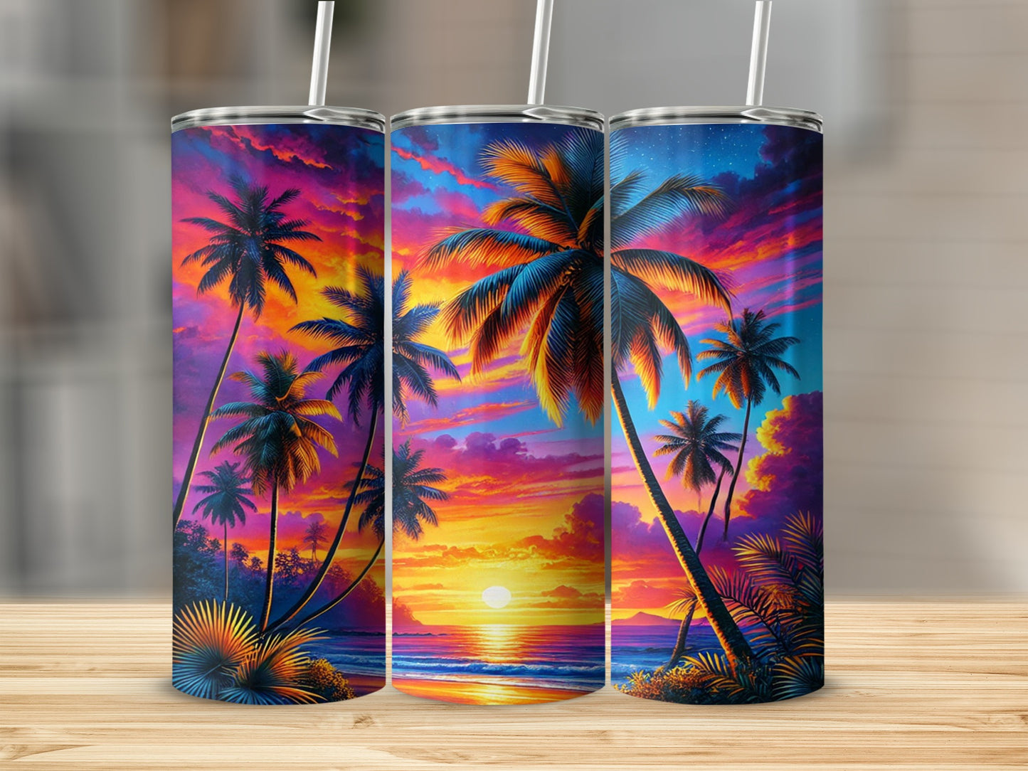 Tropical Sunset Palm Trees Tumblers with Straws