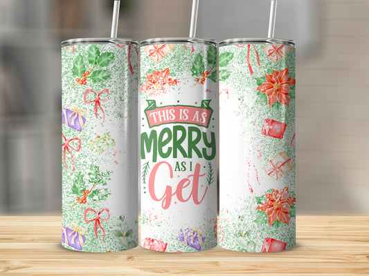 Three tumblers with a green, white, and red Christmas pattern.