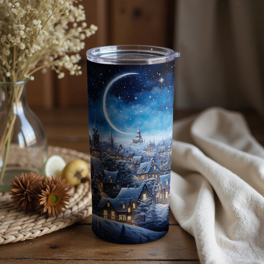 Snowy Night Village Scene Double-Walled Insulated Tumbler