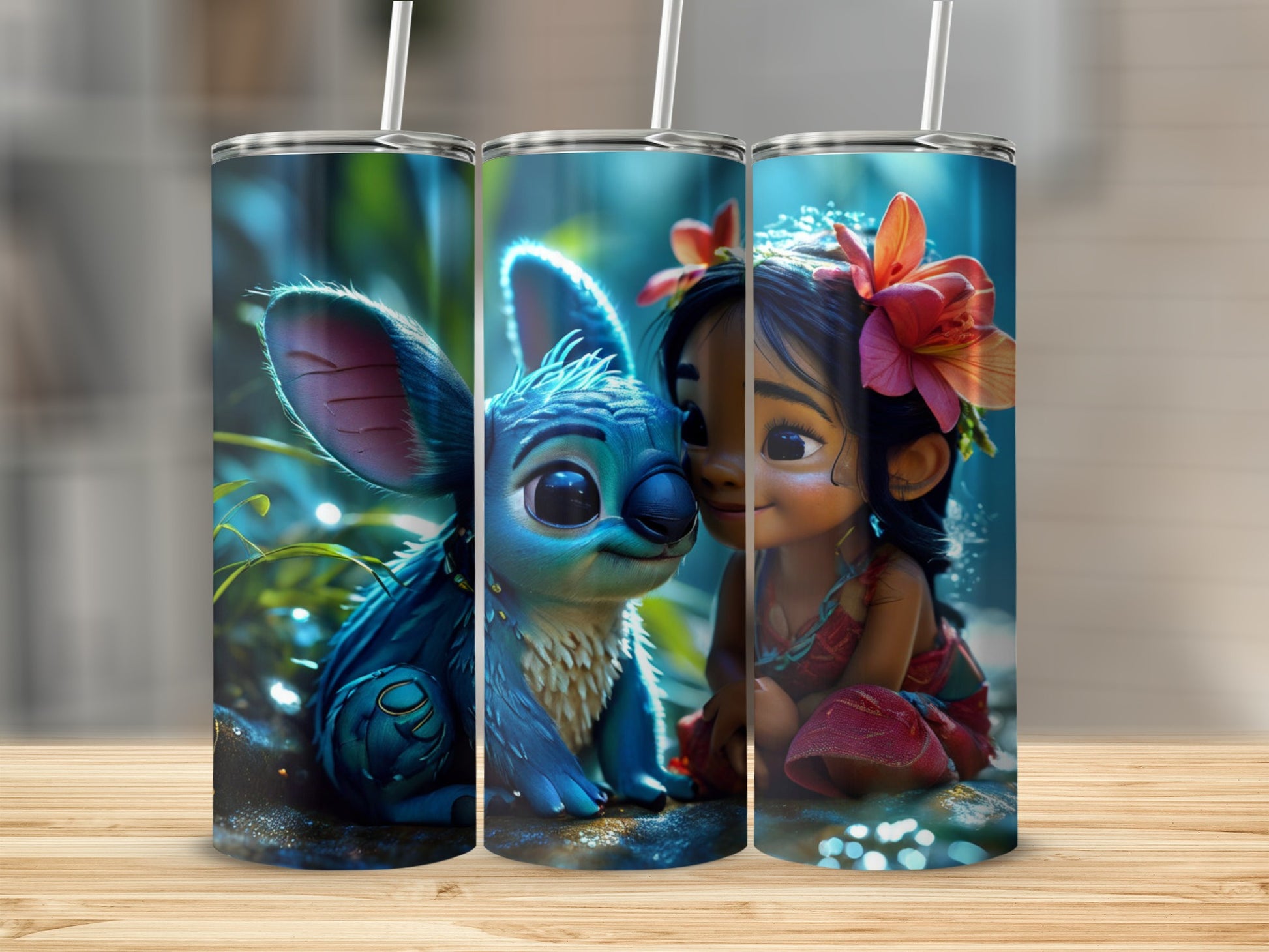 Stitch and Lilo from Lilo & Stitch on a blue and red patterned tumbler.