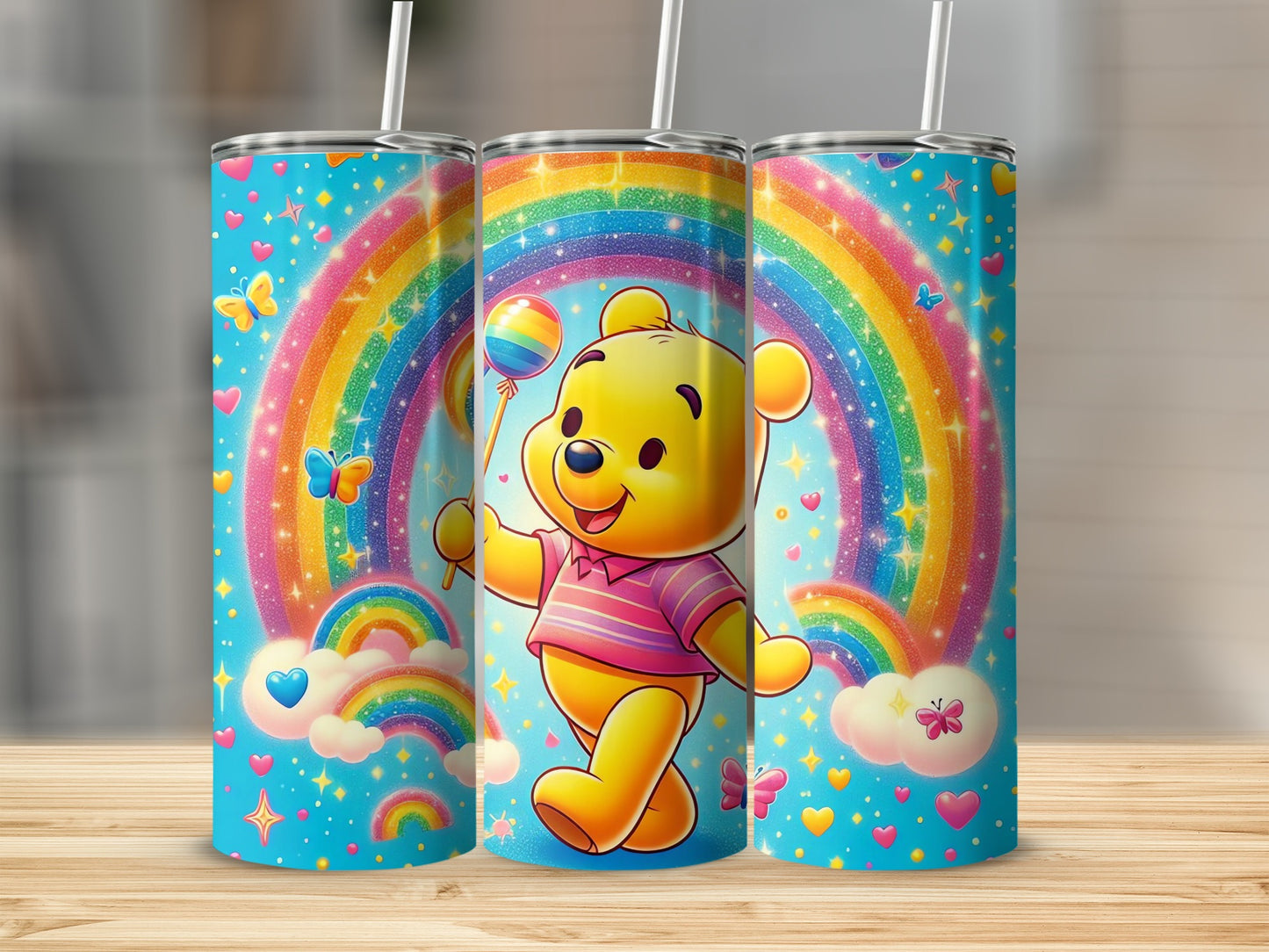 Pooh with Rainbow Lollipop Hearts Stars Butterflies Tumblers