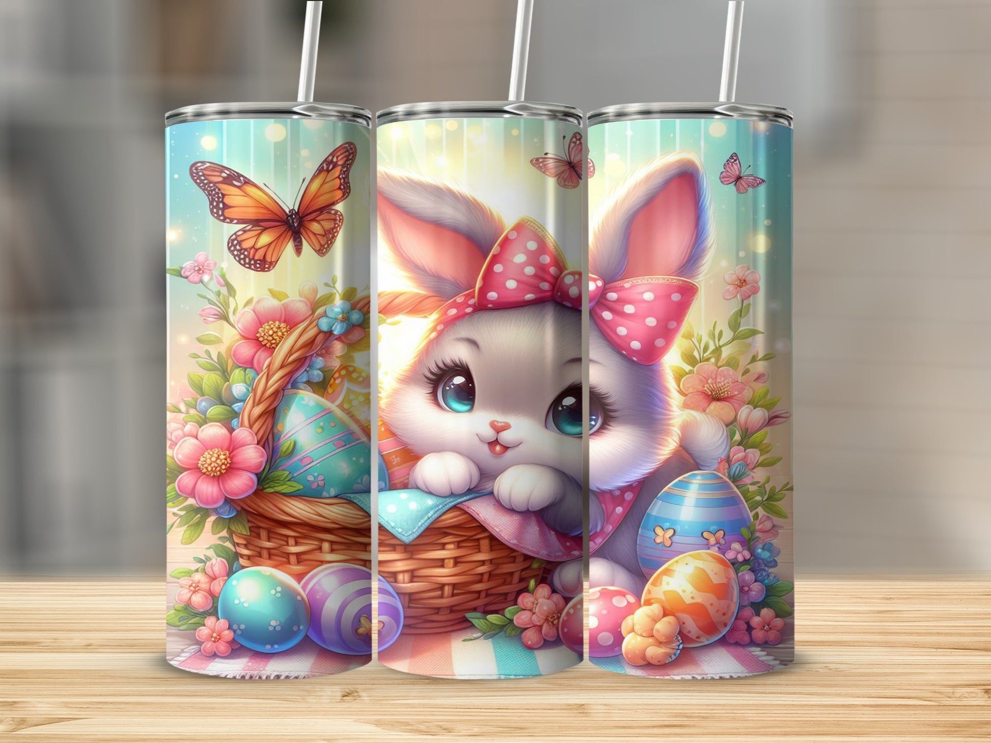 Easter bunny with a pink bow in a basket surrounded by colorful eggs and butterflies.