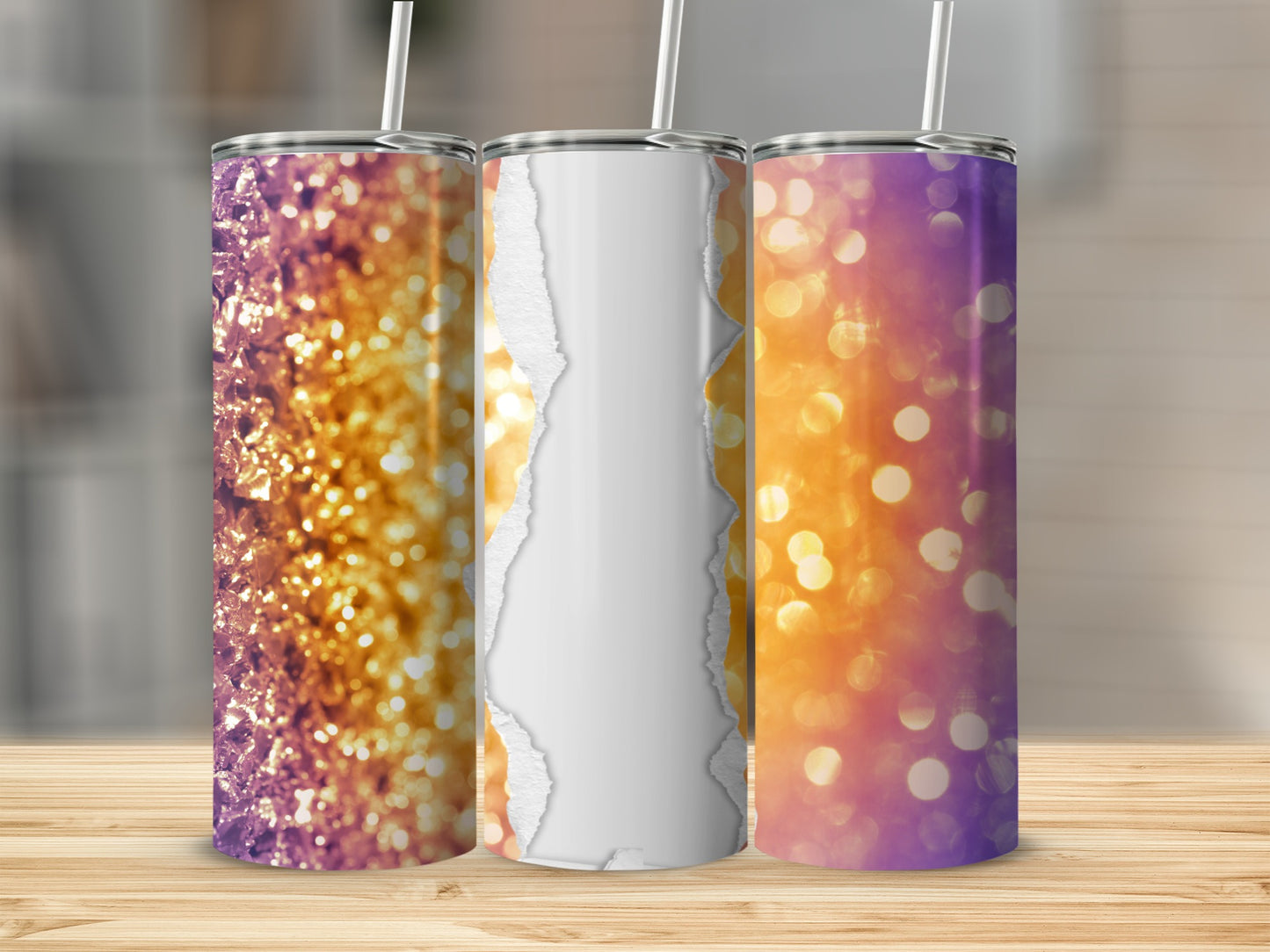Three tumblers with glitter and bokeh effects, one with ripped paper texture.