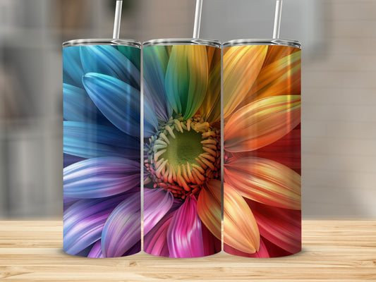 Three tumblers with a close-up, vibrant rainbow floral design.