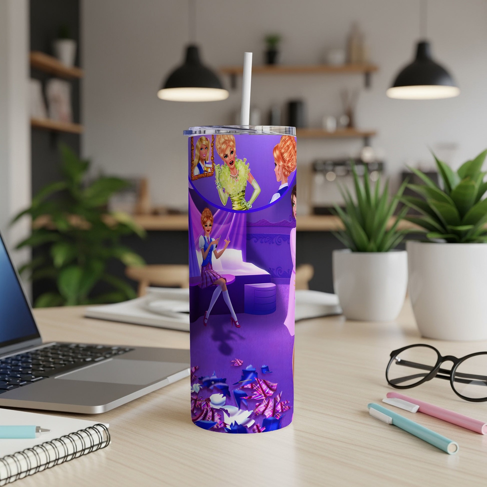 Purple tumbler with cartoon queens and scattered paper on a desk.